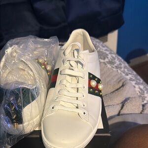 White Sneakers with Green and Red Stripe